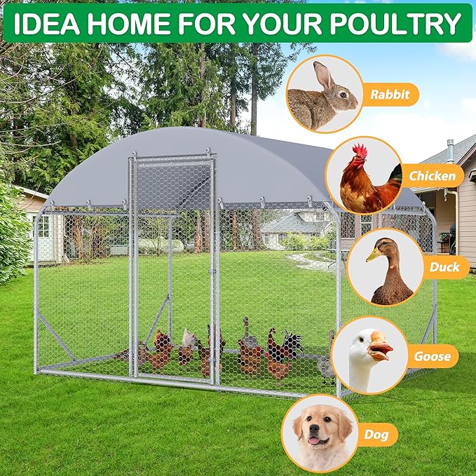 Large Metal Chicken Coop, Walk-in Chicken Run Pen with Waterproof Cover, Dome Roof Poultry Cage for Outdoor, Backyard, Farm