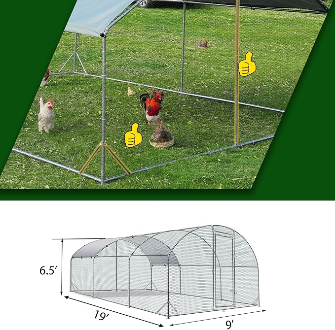 Large Metal Chicken Coop Upgrade Tri-Supporting Wire Mesh Chicken Run,Chicken Pen with Water-Resident and Anti-UV Cover,Duck Rabbit House Outdoor(9'W x 19'L x 6.5'H)