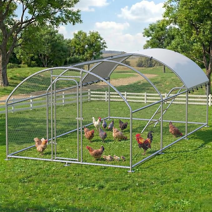 Large Metal Chicken Coop with Roosting Perch Walk-in Poultry Cage Chicken Run House Chicken Pen Dome Shaped Coop with Waterproof Cover for Outdoor Backyard Farm Use (10' L x 19.7' W x 6.4' H)