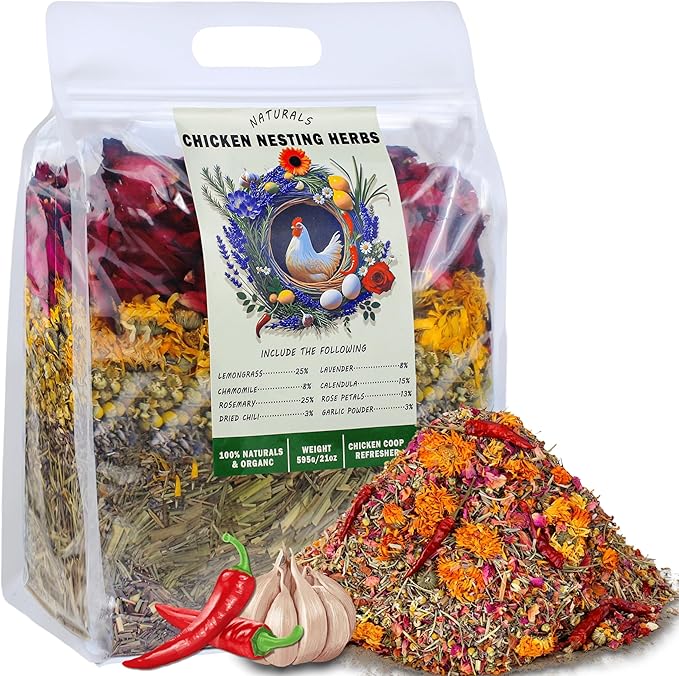 21oz Chicken Nesting Herbs- 8 Natural Herbs Mixture for Chicken Coop Fresh Coop Odor Control & Egg Production | Reusable Sealed Pack | Fresh Bedding Supply for Chicken & Duck Coop, Poultry Dust Bath