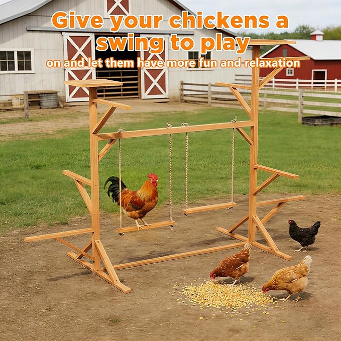 Large Wooden Chicken Perch Stand Roosting Bars with 2 Swings, Multi-Level Chicken Playground for Hens, Ducks & Pigeons, Sturdy Fir Wood Hens Jungle Gym for Coop or Backyard