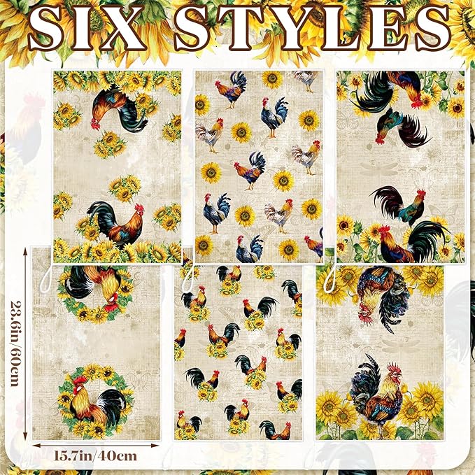 Bencailor 6 Pcs Farmhouse Kitchen Towels Chicken Rooster Kitchen Decor Farm Animal Hand Towels for Cooking Baking Housewarming Gift,15.75 x 23.62 inch(Yellow,Sunflower Chicken)