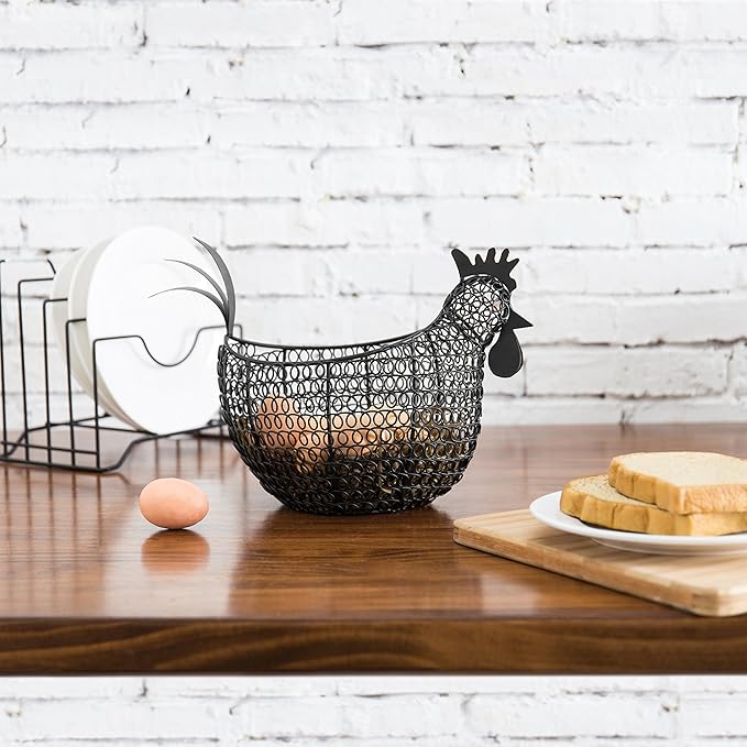 MyGift Egg Holder Countertop, Chicken Shaped Wire Egg Gathering Basket, Farmhouse Home Decor Display Storage Collecting Basket, Black