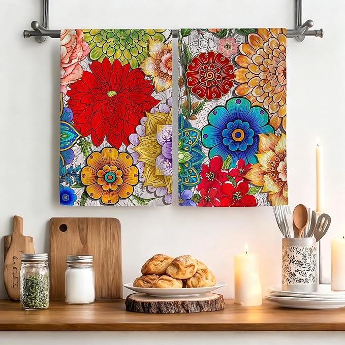 Spring Boho Kitchen Towels Decorative Set of 4, Colorful Floral Hand & Tea Towel, Absorbent Soft Decor Dish Towels Dishcloths for Kitchen Drying,Cooking Housewarming Gifts for Women