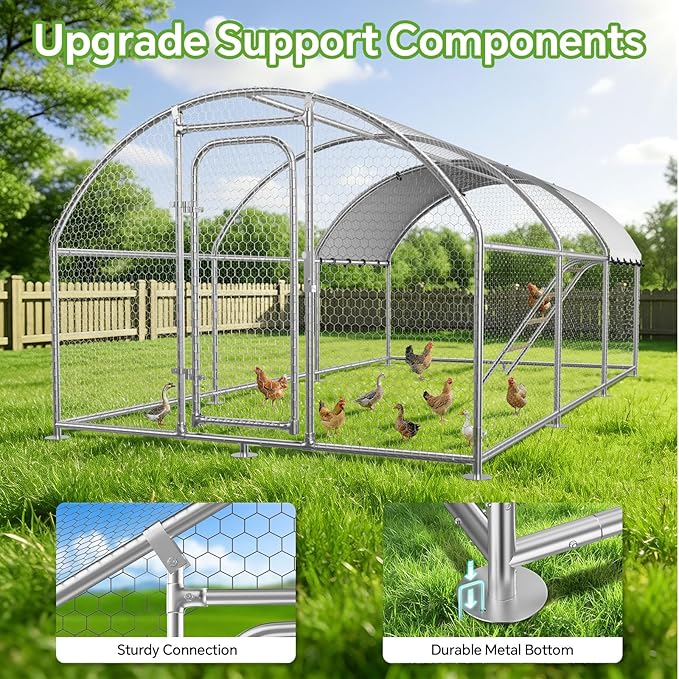 Chicken Coop with Roosting Perch, Large Metal Chicken Run Poultry Cage with Water-Resident and Anti-UV Cover for Duck Rabbit House Walk-in Chicken Pen for Yard, Dome Roof(10’ W x 19.7’ L x 6.4’ H)