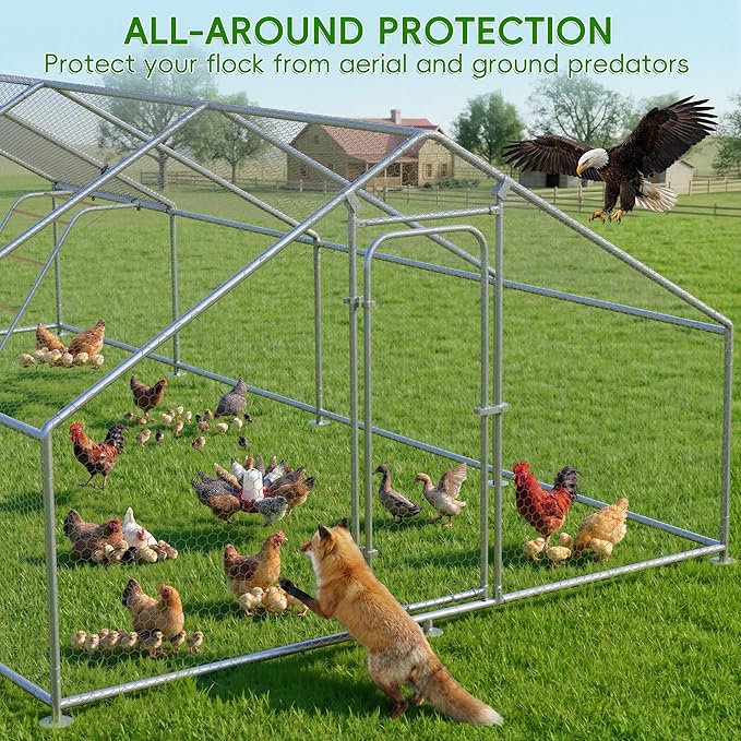 Large Metal Chicken Coop Run with Roosting Perch– Outdoor Waterproof & UV-Resistant Cover for Chickens, Ducks, Rabbits, and Hens in Yard or Farm Use Spire Roof(13.1'Wx26.2'Lx 6.5'H)