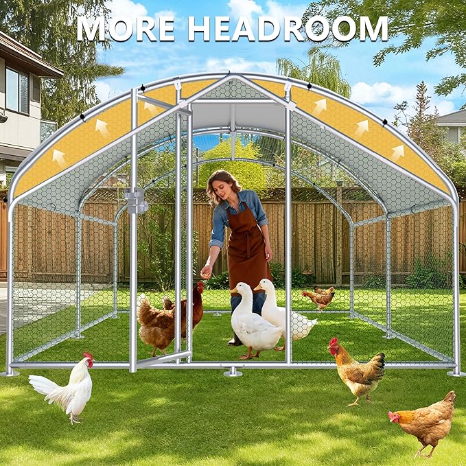 HITTITE Large Metal Chicken Coop with Run, 12.8 x 9.84 x 6.23 ft Walk in Poultry Cage Chicken Run Pen, Dome Roof Outdoor Chicken Runs for Yard with Waterproof & Anti-UV Cover