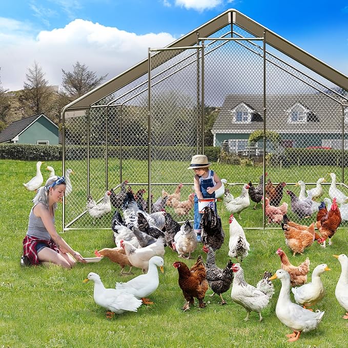 19.7 Ft Large Chicken Runs for Yard with Cover, Large Metal Chicken Coop, Spire Roof Metal Chicken Coop with Lock for Outdoor, Backyard, Farm, Duck, Rabbit