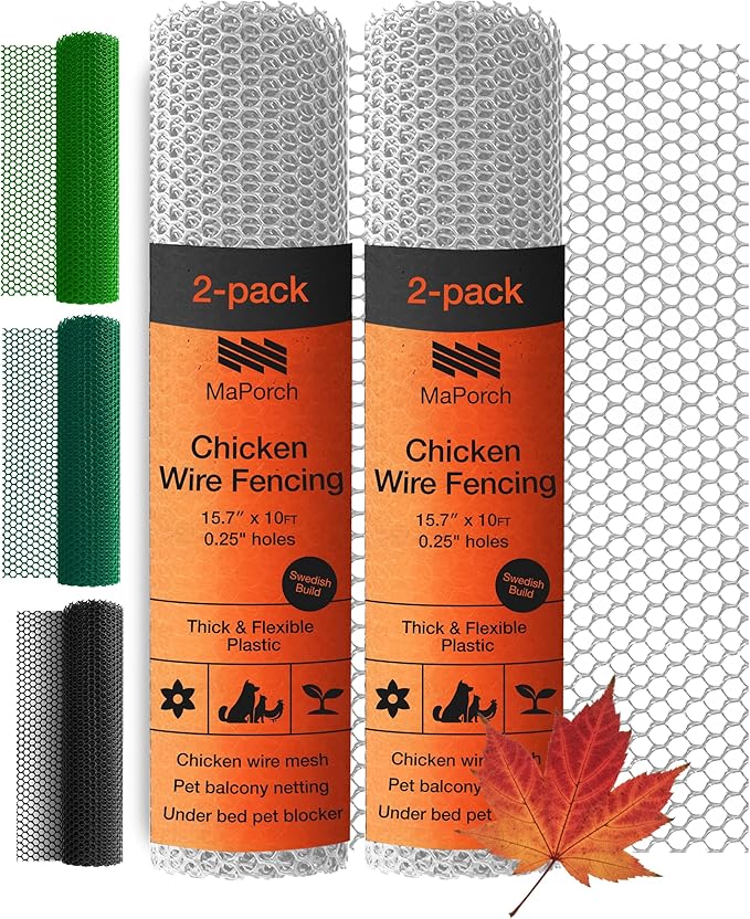 MaPorch Plastic Chicken Wire Mesh Fence - White Mesh, 15.7 in x 10 ft - Quick-Install Chicken Wire Fencing - Plant Protectors from Animals - Durable Garden Netting - Pet & Poultry Netting (2-Pack)