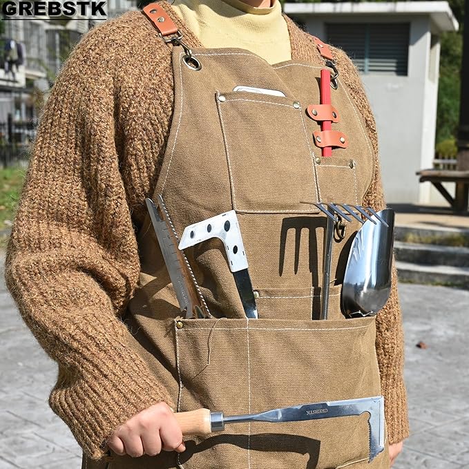 GREBSTK Work Apron Cross Back Adjustable Canvas Tool Apron for Woodworking, Gardening, Cooking
