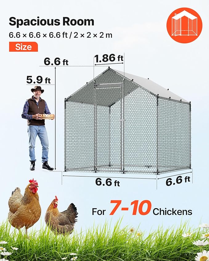 VEVOR Metal Chicken Coop, 6.56x6.56x6.56ft Large Walk-in Chicken Runs with Cover, Spire Roof Hen House Enclosure with Security Lock, Outdoor Duck Rabbit Cage Poultry Pen for Backyard, Farm, Yard