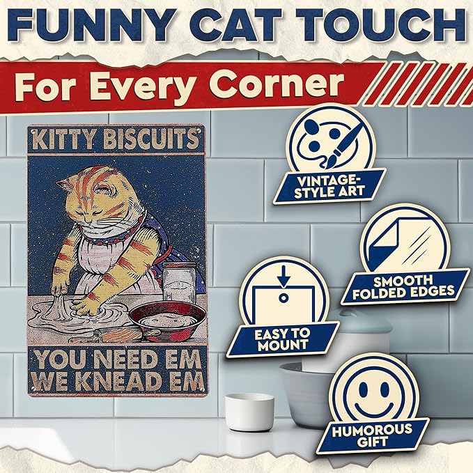 Kitty Biscuits Metal Sign - 8x12" Cat Signs Home Decor for Kitchen, Bedroom & Living Room, Funny Cat Decor, Great for Home and Commercial Spaces, Great as Charming Valentines Day Gifts for Cat Lovers