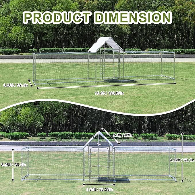 Chicken Coop Large Metal Chicken House/Pen for 15-20 Chickens, Outdoor Walk-in Poultry Cage Spire Shape for Ducks, Rabbits, Dogs Etc, Silver (196.85" L x 39.37" W x 59" H)