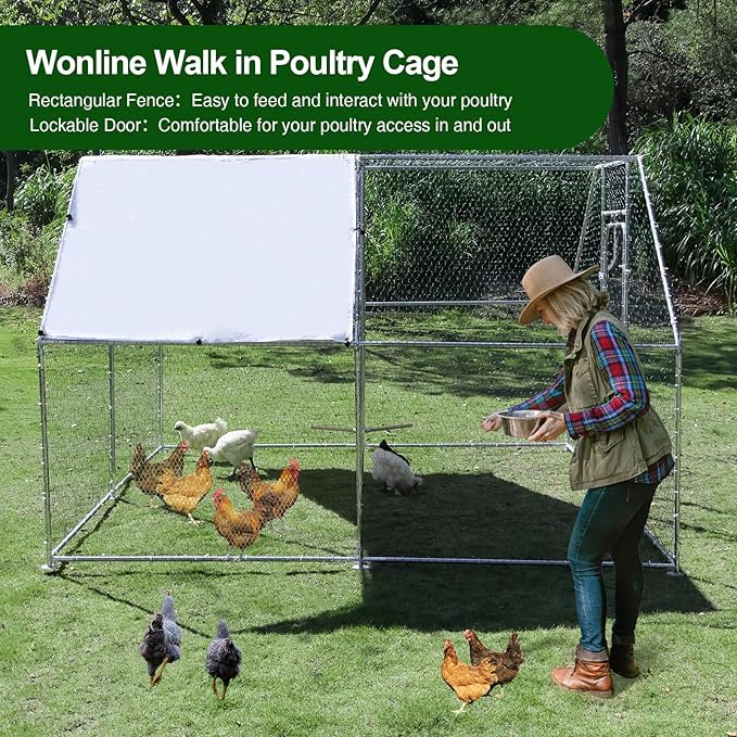 Large Metal Chicken Coop 9.8 x 9.8 x 6.6 ft Walk in Chicken Runs for Yard with Cover & Perch, Chicken House for Duck Rabbit, Chicken Pen for Outdoor Backyard