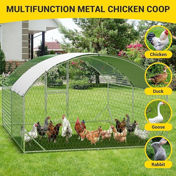 Large Metal Chicken Coop, Walk-In Poultry Cage, Chicken Run Pen House With Reinforcement & Waterproof & Anti-Ultraviolet Cover Chicken Coop Run With Double Lockable Doors for Outdoor 9.8 x 13.1X 6.6ft