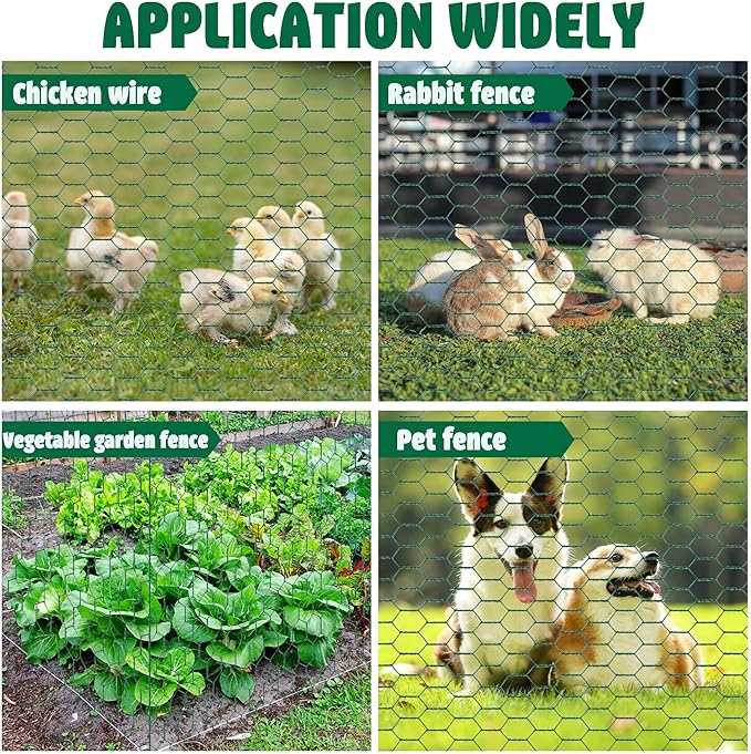 Chicken Wire Netting 16 x 236 Inch Green Hexagonal Galvanized PVC Coated Fencing Mesh for Garden, Poultry Barrier, Floral Arrangements and Crafts