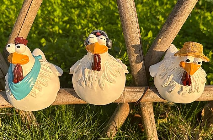 Teaeeno Chicken Fence Decoration,Funny Farm Sculpture Chicken Decor,Cute Chicken Sculpture,3 Chickens a Set,Resin Chicken Figurines,Animal Outdoor Statues for Home Garden Stairs,Farm,Patio,Backyard