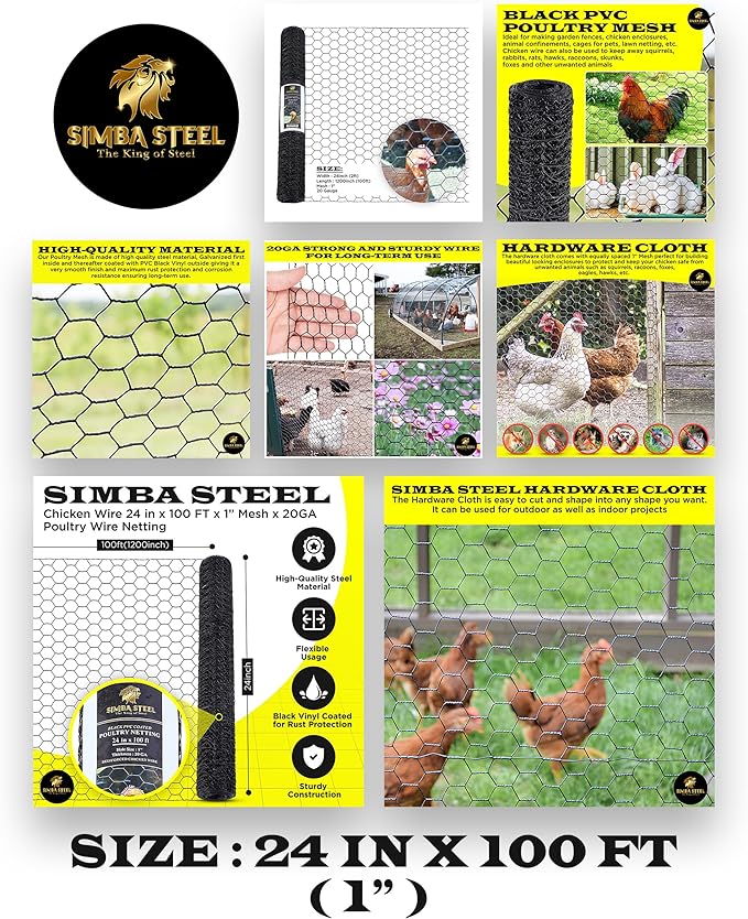 24” x 100 FT PVC Hexagonal Poultry Netting Chicken Wire | 1" Mesh | 20 Gauge | Black PVC Vinyl Coated | Rust Proof | for Garden, Fence, Chicken, Rabbit (PVC 24 x 100)