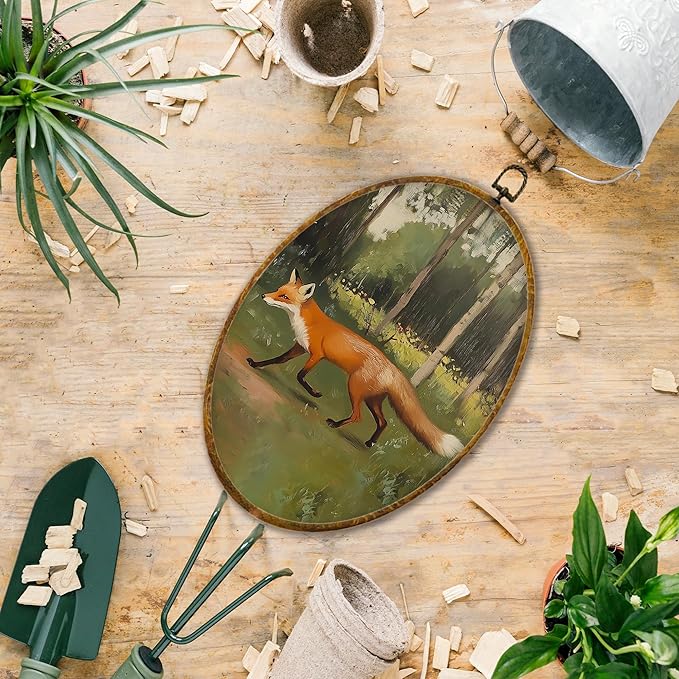 Hiuwevt Rustic Forest Fox Oval Wall Art Decor, Nature Woodland Fox Framed Canvas Prints, Mild Wildflower Grass Wild Animal Oval Wall Hanging Decor for Home Bedroom Decorations, 8.6x11.4 Inches