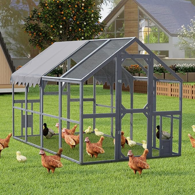 KEIKI 110" L Outdoor Large Chicken Coop with Waterproof Cover, Wire Mesh & 2 Lift Small Doors with Locks, Wood Chicken Coop House with Run for Cat Kitten Playpen, Duck, Rabbit, Quail