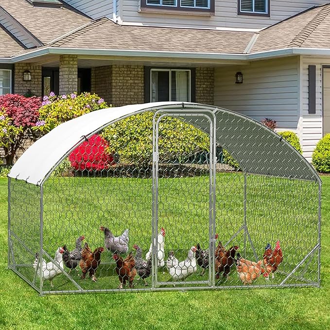 Large Metal Chicken Coop, Walk-in Poultry Cage, Chicken Run Pen House with Reinforcement & Waterproof & Anti-Ultraviolet Cover Chicken Coop Run with Lockable Doors for Outdoor 9.8 x 6.5 x 6.5ft
