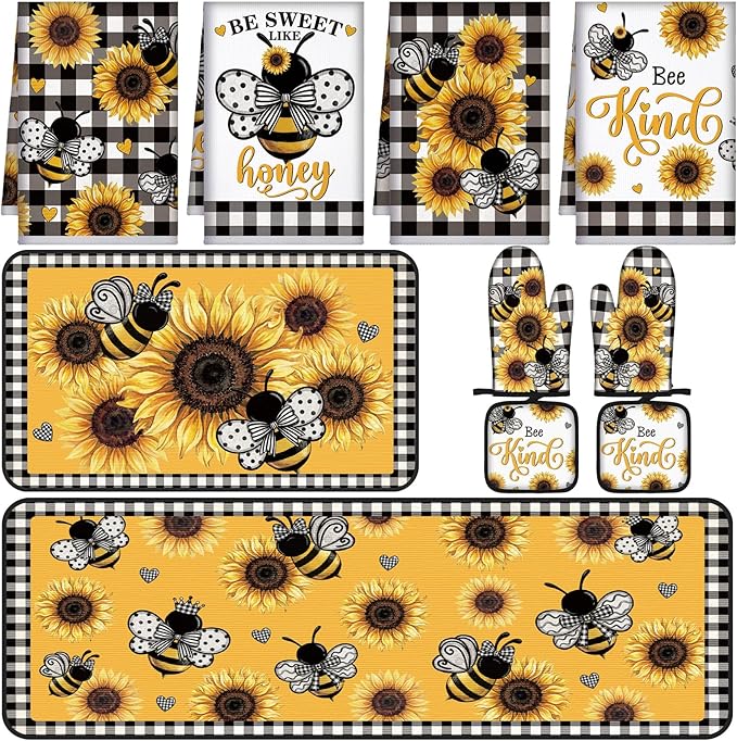 10 Pcs Farmhouse Kitchen Decor Set Dish Towels Kitchen Rugs Oven Mitts and Pot Holders for Cooking Baking Grilling Women Mom Daughter Gift(Yellow,Black,Bee Theme)