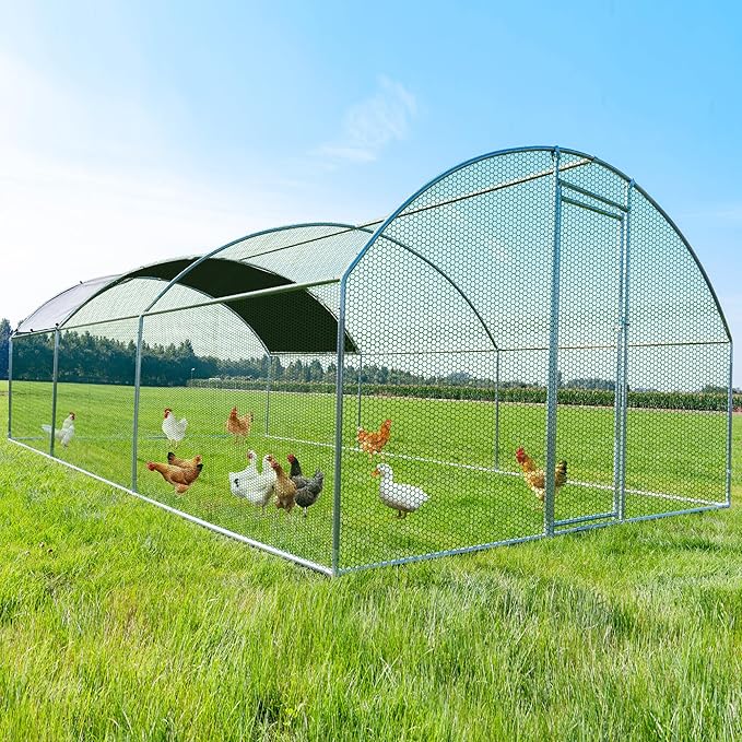 Large Metal Chicken Coop, Chicken Runs for Yard with Cover Walk-in Poultry Cage for 10 20 Chickens, Chicken Pen Duck Coop Hen House with Round Water-Resident Top and Feeding Door 19.2Lx9.84Wx6.23H FT
