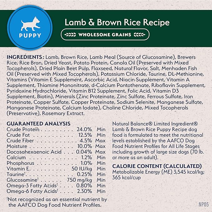 Natural Balance Limited Ingredient Puppy Dry Dog Food with Healthy Grains, Lamb & Brown Rice Recipe, 12 Pound (Pack of 1)