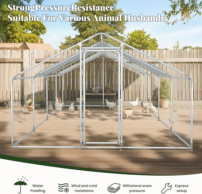 GOJOOASIS Large Chicken Coop Run Walk-in Metal Poultry Cage Outdoor Backyard Hen House with Roof Cover (10'L x 20'W x 6.6'H)