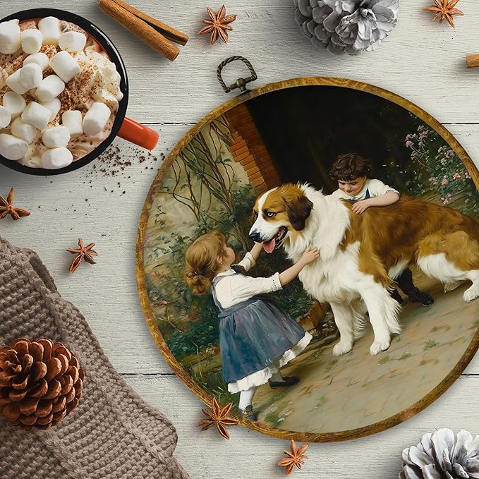 CUANFDDSF Vintage Saint Bernard Round Wall Art, Rustic Farmhouse Framed Hanging Wall Decor, Cottagecore Country Kids Playing with Dog Canvas Prints Decorations for Home Bedroom Room, 10x10 Inch