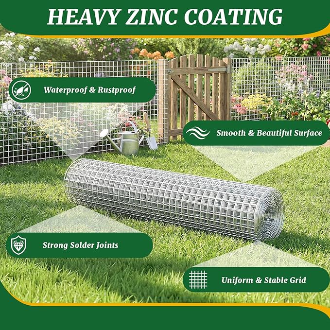 16in x 50ft 19 Gauge Hardware Cloth 1/2 Inch Mesh Roll - Galvanized Chicken Wire Fencing for Garden Fence, Poultry Netting, Gopher Barrier, Animal Cage Screen, Chicken Wire Craft Projects