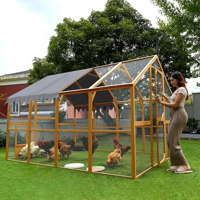 KEIKI 110" L Outdoor Large Chicken Coop with Waterproof Cover, Wire Mesh & 2 Lift Small Doors with Locks, Wood Chicken Coop House with Run for Cat Kitten Playpen, Duck, Rabbit, Quail