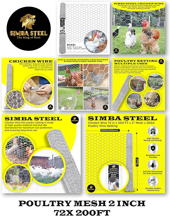 Chicken Wire 72 in x 200 FT x 2” Mesh x 20GA | Poultry Wire Netting | Hot Dipped Galvanized | Chicken Coop, Rabbit Cage, Fence Barrier (72 x 200 x 2)