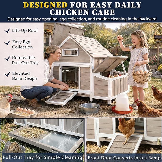 Outdoor Chicken Coop Wooden Hen House for 2-4 Chickens for Small Backyard Weatherproof Roof, 6 Nesting Box, 3 Perche,Tray for Families and Beginners Raising Chickens at Home (Hencoop 86)
