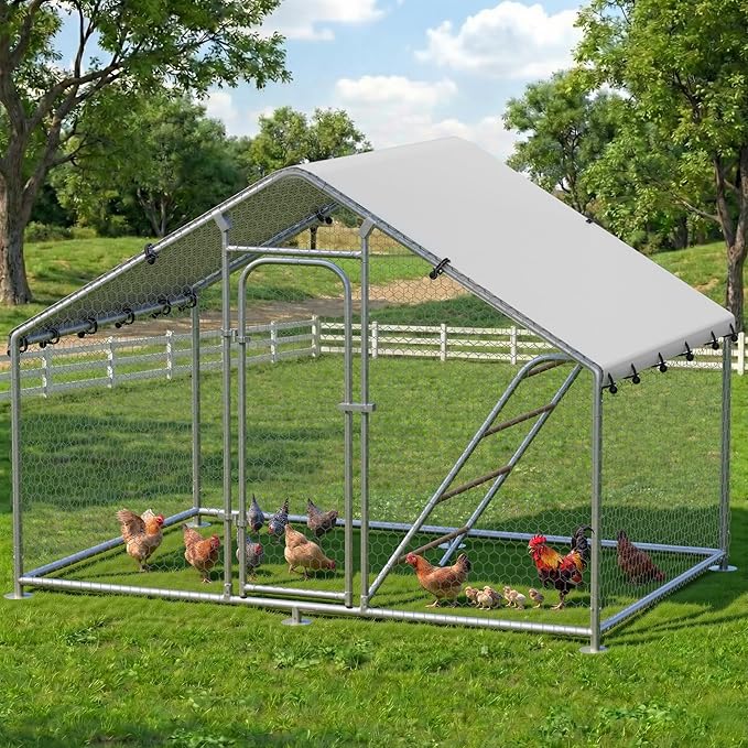 Large Metal Chicken Coop with Roosting Perch, UV-Resistant and Waterproof Cover, Chicken Run Outdoor Walk-in Cage Rabbit Duck Hen House for Yard Farm Use Spire Roof (10’ W x 4.9’ L x 6.4’ H)