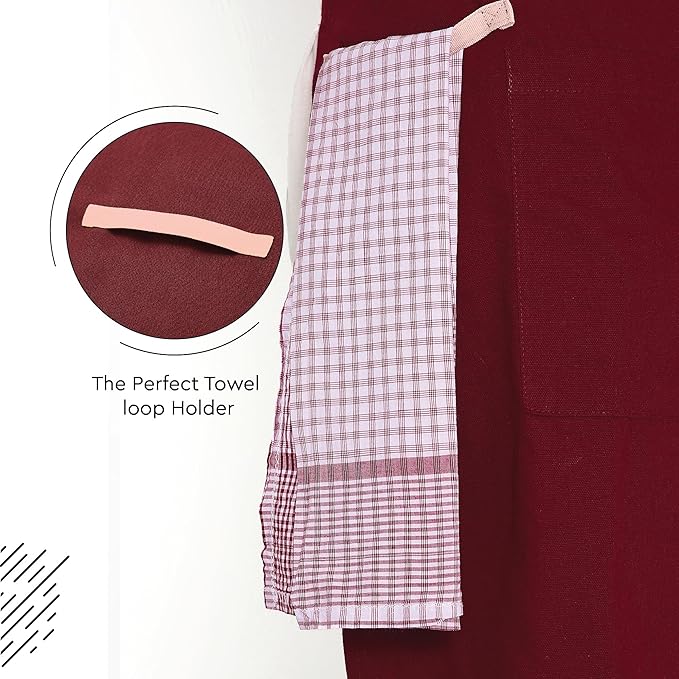 Encasa XO Adjustable Kitchen Cotton Apron With Pockets & Towel Holder Of Size 27x33 in (Maroon) for Men & Women Chefs For Cooking & Baking in Home, Restaurants & Barbeque
