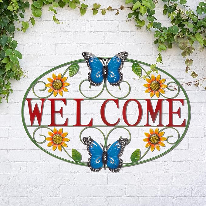 Glitzhome Metal Welcome Sign for Outdoor & Indoor - Rustic Farmhouse Wall Decor Sunflower & Butterfly Garden Art for Porch Patio Yard