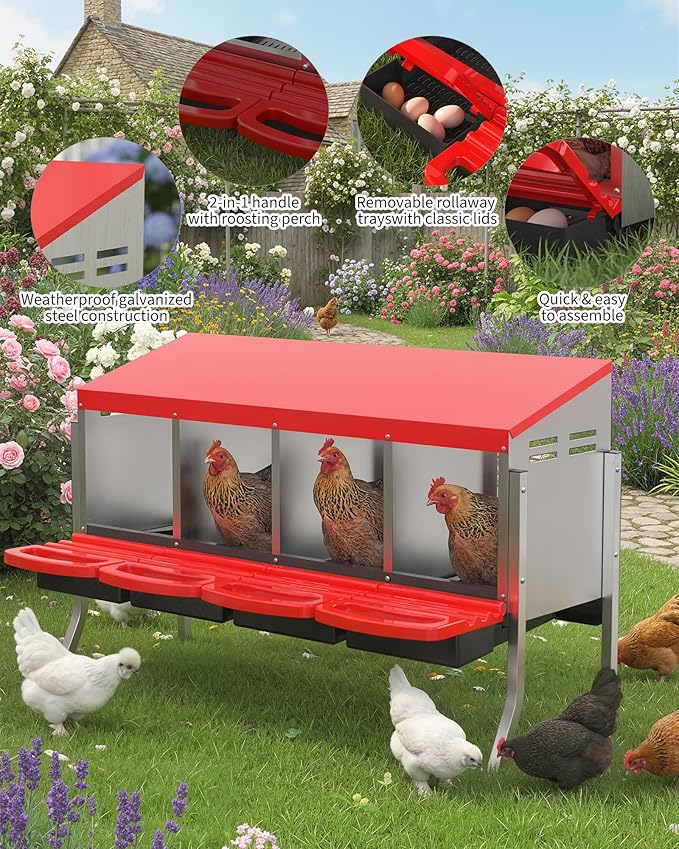 Chicken Nesting Boxes, 4 Hole Metal Rollaway Nest Box for Laying Hens with Cleanable Pull-Out Trays Wall Mount or Placed Design for Easy Egg Collection & Cleaning(Includes Legs)