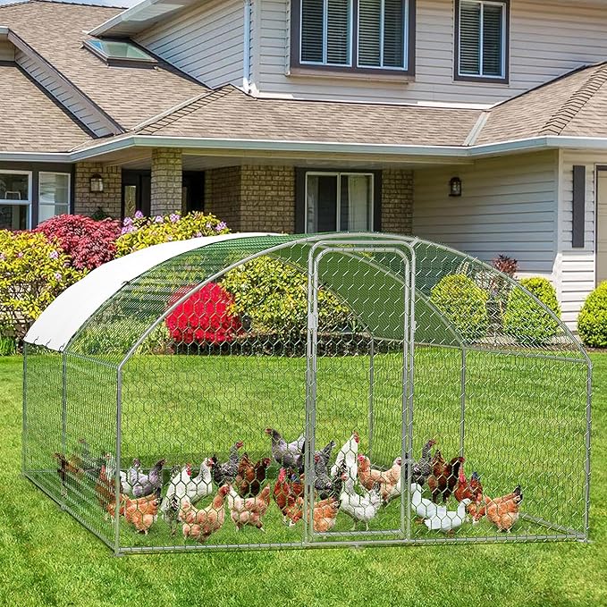 GarveeHome Large Metal Chicken Coop, Dome Roof Walk-in Poultry Cage, Chicken Runs for Yard with Waterproof and Anti-UV Cover, Chicken Pens for Outside Farm Backyard, 13.1 x 9.8 x 6.6 FT