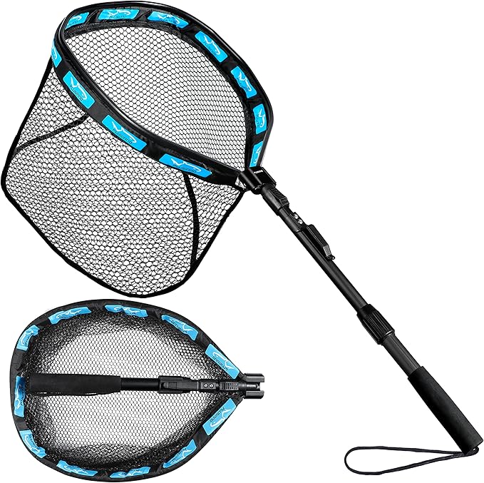 PLUSINNO Fishing Net Fish Floating Landing Net, Kayak Nets with Fixed Foldable Telescopic Pole Handle, Bass Trout Fishing Nets with Nylon Mesh for Pond Lake River, Fishing Gear Gifts for Men Anglers