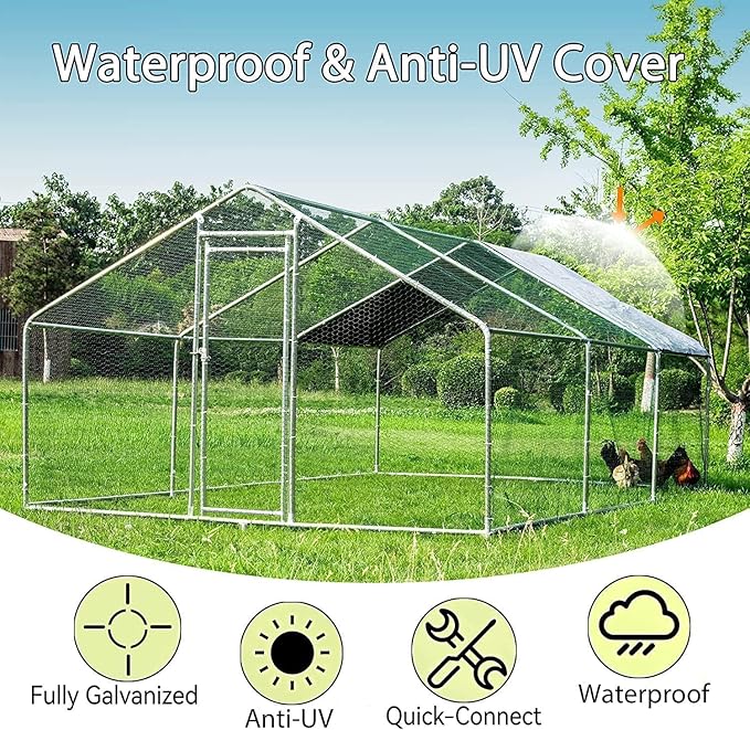 HITTITE Large Metal Chicken Coop with Run, 19.19 x 9.84 x 6.56 ft Walk in Poultry Cage Chicken Run Pen, Outdoor Chicken Runs for Yard with Waterproof & Anti-UV Cover