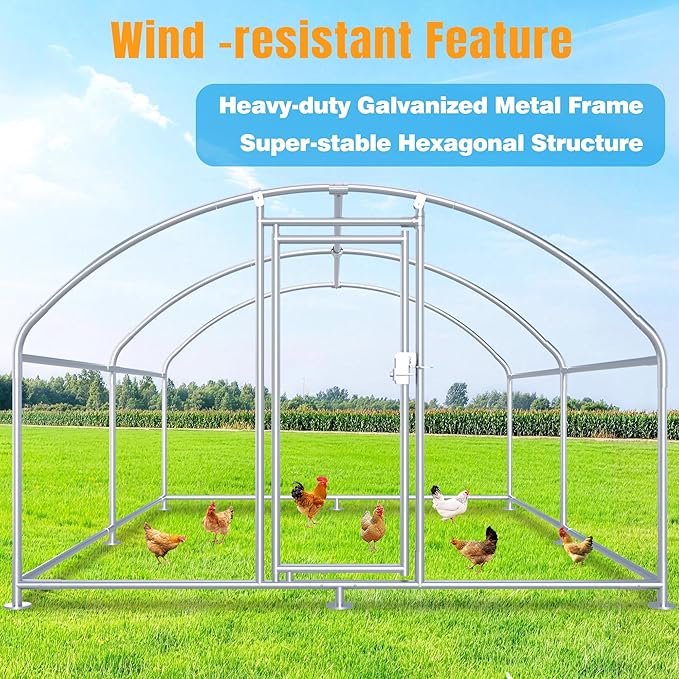 Large Metal Chicken Coop, Chicken Runs for Yard with Cover Walk-in Poultry Cage for 10 20 Chickens, Chicken Pen Duck Coop with Round Water-Resident Top and Feeding Door, Hen House 12.8Lx9.84Wx6.23H FT