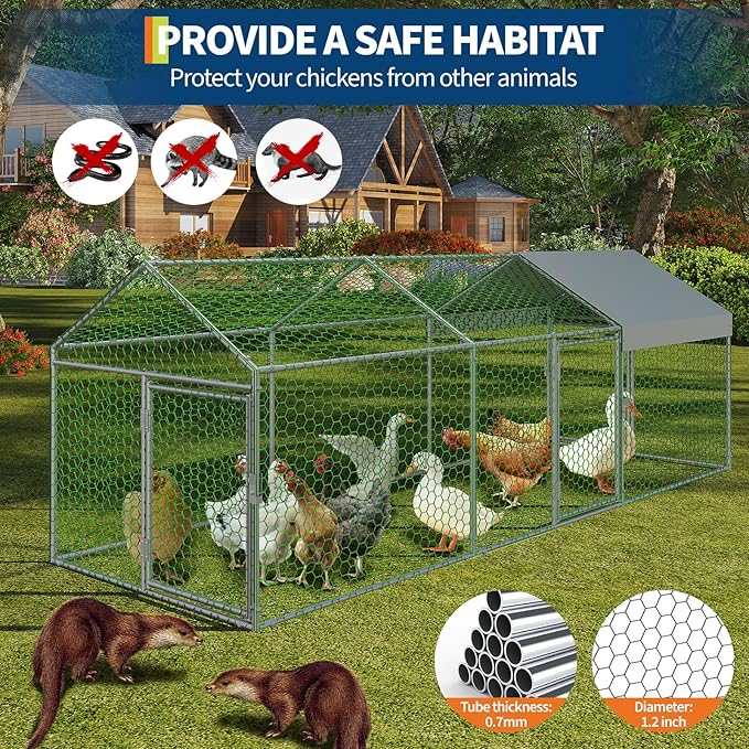 Metal Chicken Coop, 120" x40" x40" Large Chicken Run with 3 Doors, Outdoor Hen House for Yard with Waterproof and Anti-UV Cover, Walk in Poultry Cage for Rabbit Duck Goose, Silver