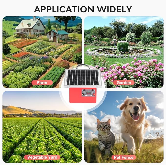 Solar Electric Fence Charger for Livestock,20 Miles Protection Range,24H/14D Uninterrupted Power,9.5KV Adjustable Output,7.5W Solar Panel,0.5 Joules Energy Output