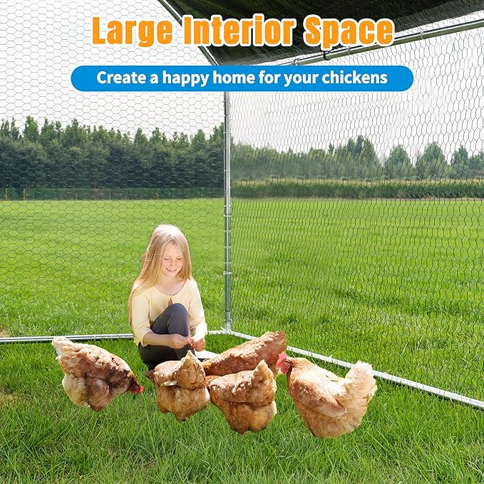 Large Metal Chicken Coop, Chicken Runs for Yard with Cover Walk-in Poultry Cage for 10 20 Chickens, Chicken Pen Duck Coop Hen House with Round Water-Resident Top and Feeding Door 19.2Lx9.84Wx6.23H FT