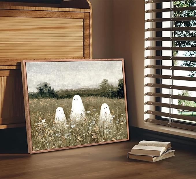 Framed Halloween Canvas Wall Art Wildflowers Meadow Ghost Poster Print Cute Ghost Picture Autumn Vintage Aesthetic Wall Decor for Bedroom Living Room 16x24in