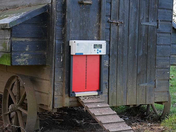 Automatic Chicken Coop Door Opener, ChickenGuard One in All 4 Colours, Timer/Light Sensing, Winter Mode, Auto-Stop & Predator Proof, 3 Power Options, Solar, Battery or Electric (Red + Batteries)
