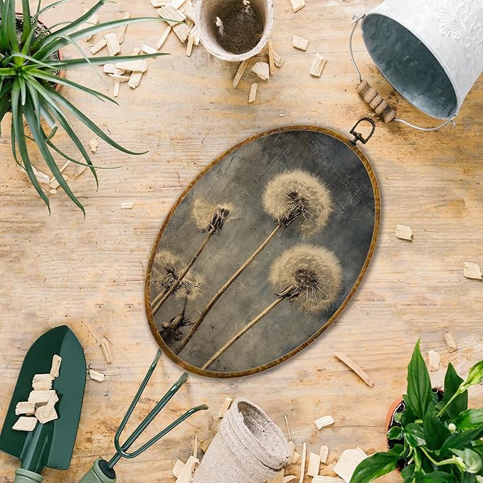 Hiuwevt Vintage Country Dandelion Floral Oval Wall Art Decor, Rustic Farmhouse Framed Canvas Prints, Dark Moody Botanical Oval Wall Hanging Decor for Bedroom Living Room Decorations, 8.6x11.4 Inches