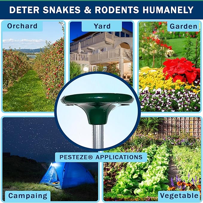 PESTEZE Solar Snake & Rodent Sound Deterrent. Auditable Sound Deters Snakes & Burrowing Rodents Like Moles, Voles Gophers, Chipmunks, Groundhogs & Woodchucks from Destroying Gardens & Vegetables