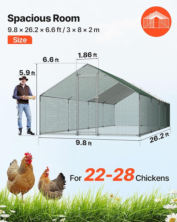 VEVOR Large Metal Chicken Coop with Run, 9.8x26.5x6.5 ft Walk-in Chicken Runs for Yard with Cover, Spire Roof Hen House with Security Lock for Outdoor and Backyard, Farm, Duck Rabbit Cage Poultry Pen